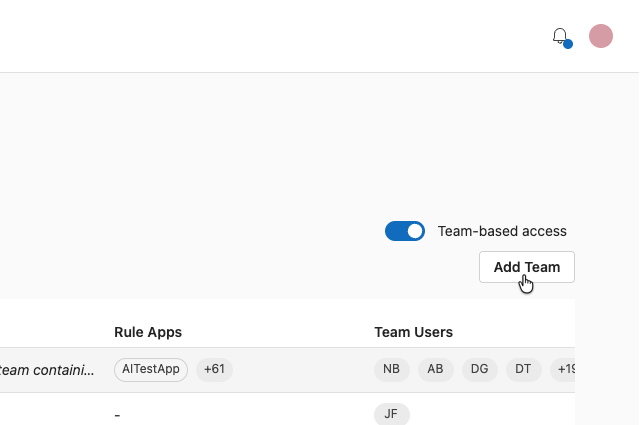 Screenshot showing Add team button