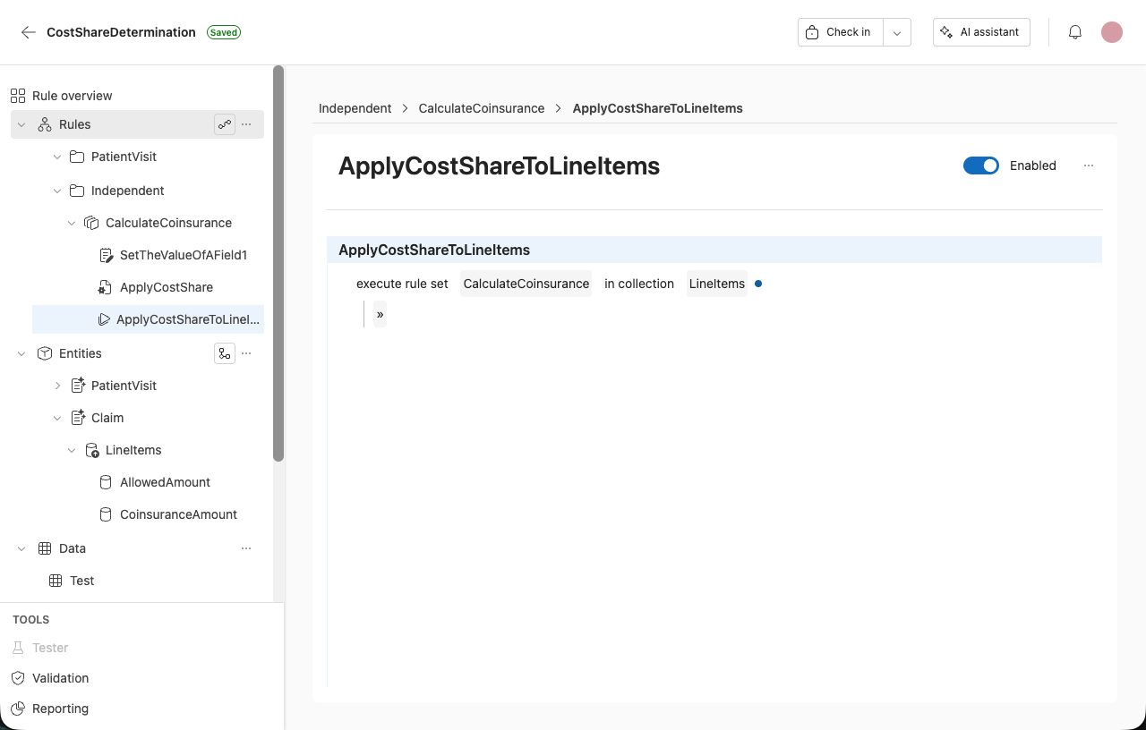 Screenshot shows an example of an execute member rule set template