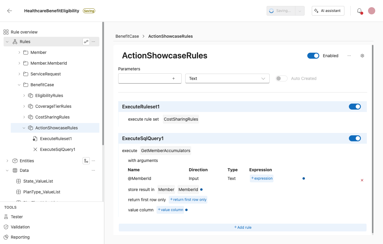 Screenshot of a configured Execute SQL Query action, showing the GetMemberAccumulators query with the @MemberId argument mapped to an expression and the result stored in Member.MemberId