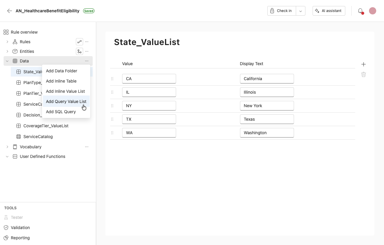 screenshot showing how to add a query-driven value list