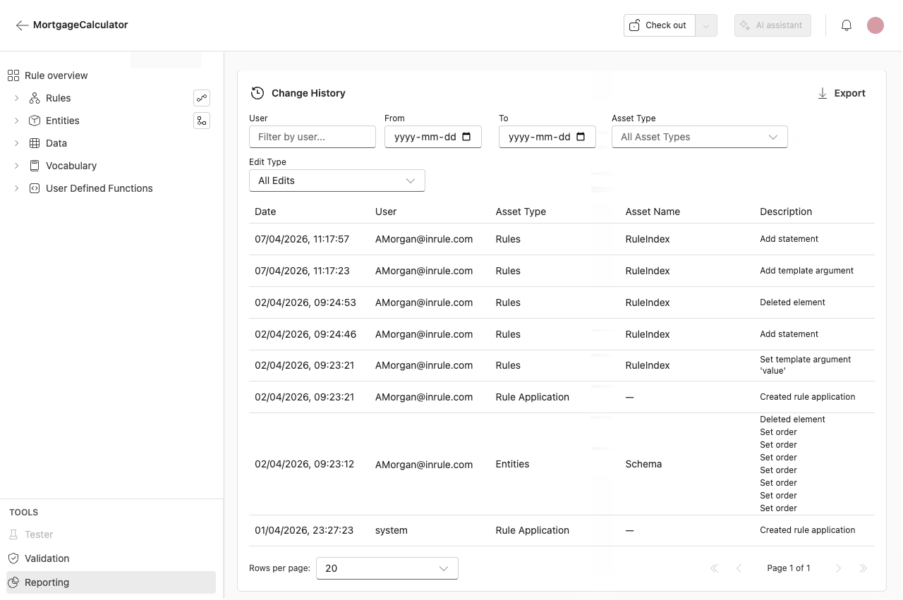Screenshot showing the Change history of the Rule application