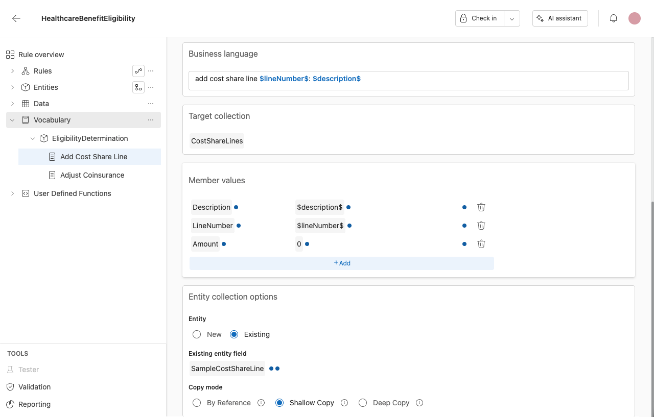Screenshot of an Add Collection Member template configured with Member values for Description, LineNumber, and Amount, and Entity collection options set to Existing with Shallow Copy selected