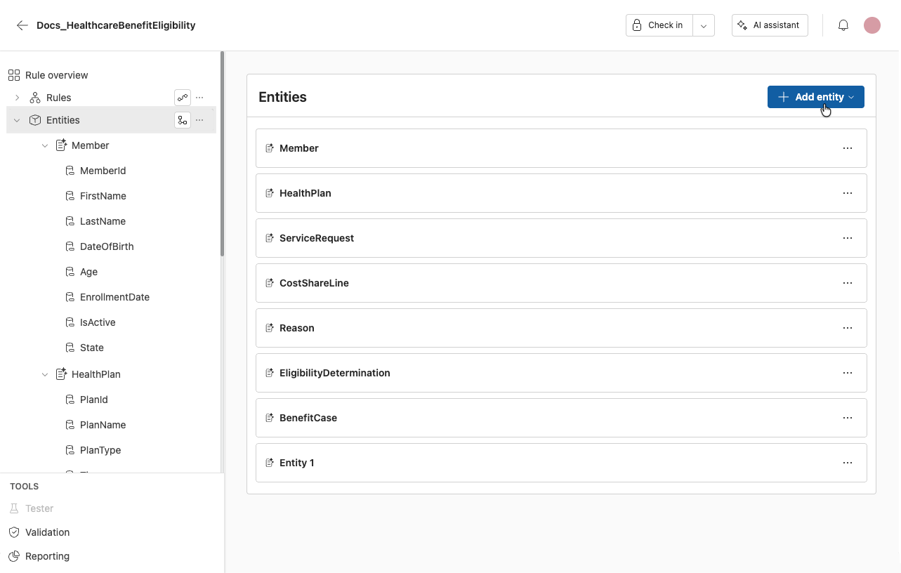 Screenshot of the entities menu option to add an entity