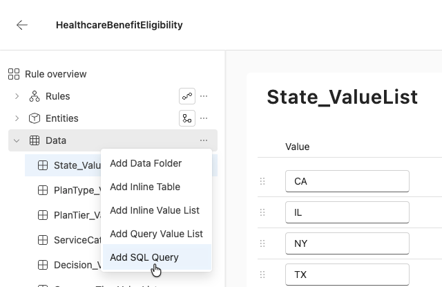 screenshot of data menu options