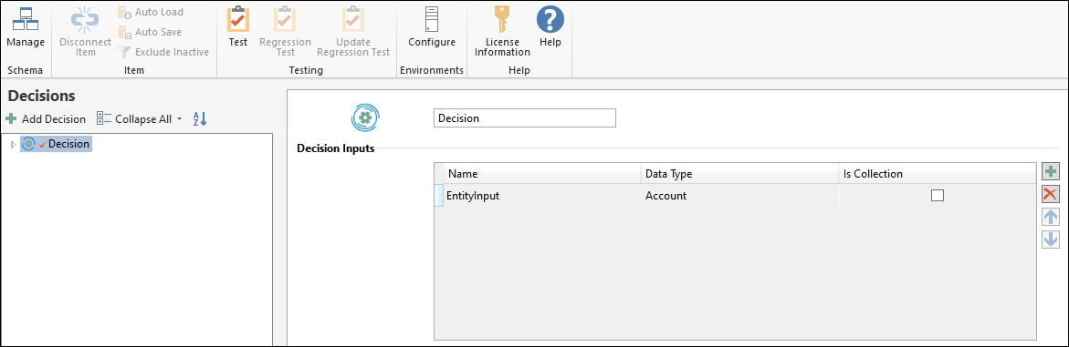 irAuthor Decisions view showing a Decision with an Account-typed input and the Test button