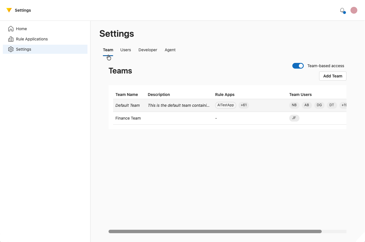 Screenshot of the team tab