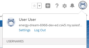 Salesforce avatar menu in the top-right showing the Settings and Log Out options for the current user