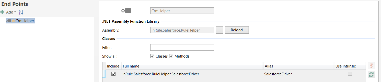 End Points panel in irAuthor showing the CrmHelper .NET Assembly Function Library bound to InRule.Salesforce.RuleHelper, with the SalesforceDriver class selected