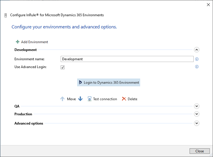 Configure InRule for Microsoft Dynamics 365 Environments dialog with the Development environment expanded and Use Advanced Login checked