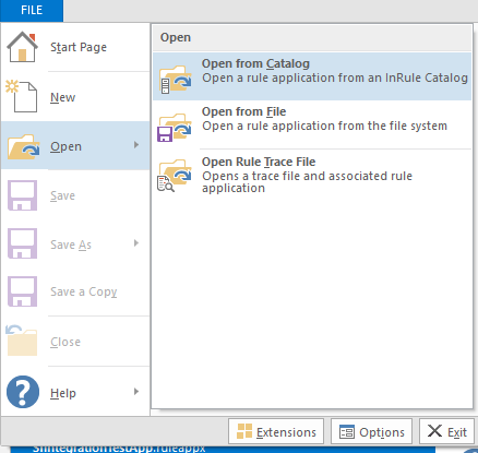 irAuthor File menu with Open selected, showing the Open from Catalog, Open from File, and Open Rule Trace File options