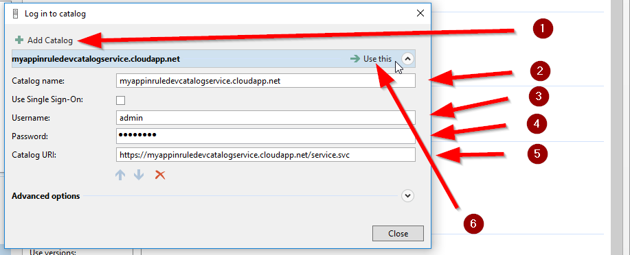 Log in to catalog dialog with Catalog name, Username, Password, and Catalog URI fields, and Add Catalog / Use This controls called out