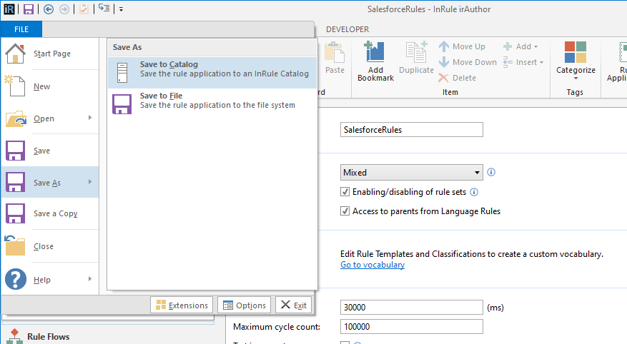 irAuthor File menu with Save As selected, showing the Save to Catalog and Save to File options