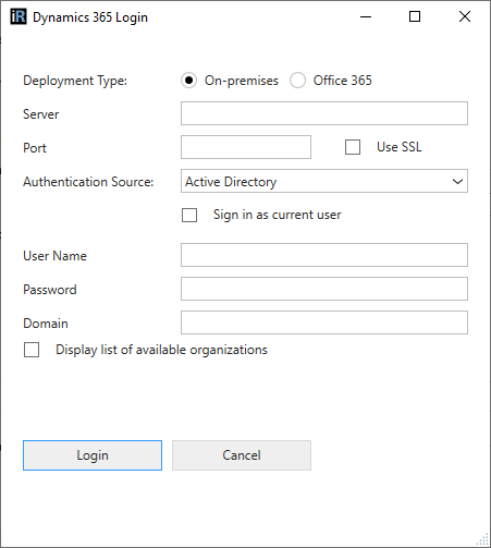 Dynamics 365 Login dialog with On-premises deployment type selected