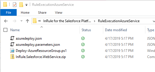 Windows File Explorer showing the RuleExecutionAzureService folder with azuredeploy.json, azuredeploy.parameters.json, Deploy-AzureResourceGroup.ps1, and InRule.Salesforce.WebService.zip