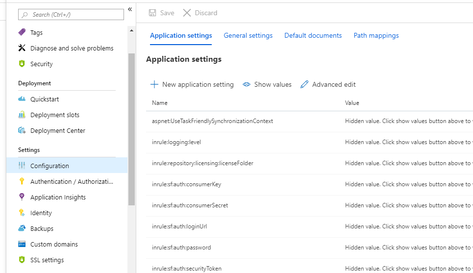 Azure App Service Configuration blade showing Application settings including aspnetUseTaskFriendlySynchronizationContext, inrule:logging, inrule:repository:licensing, inrule:sfauth, inrule:sfauth, inrule:sfauth, inrule:sfauth, and inrule:sfauth, all with hidden values