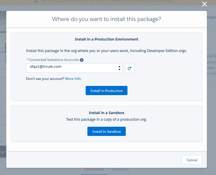 Where do you want to install this package dialog, with Install in a Production Environment and Install in a Sandbox options