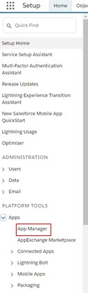 Salesforce Setup sidebar with Platform Tools, Apps, and App Manager highlighted