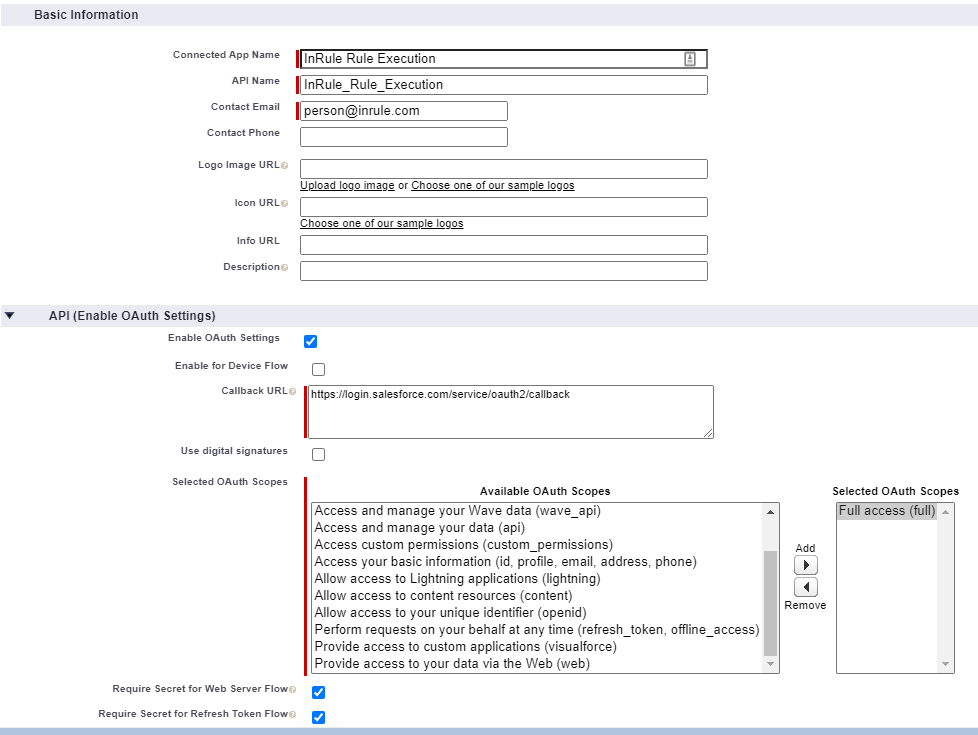New Connected App form with Basic Information fields and API (Enable OAuth Settings) section, including Callback URL and Selected OAuth Scopes set to Full access