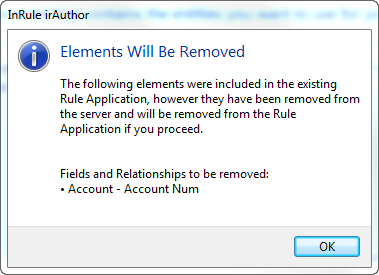 Elements Will Be Removed dialog listing Account - Account Num