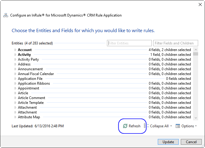 Configure an InRule for Microsoft Dynamics CRM Rule Application dialog with the Refresh button highlighted
