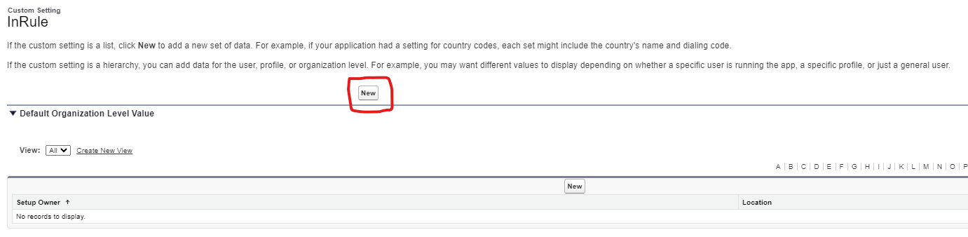 Default Organization Level Value section with the New button highlighted
