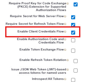 API (Enable OAuth Settings) checkbox list with Enable Client Credentials Flow checked and highlighted