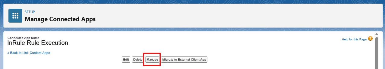 Manage Connected Apps page for InRule Rule Execution with the Manage button highlighted