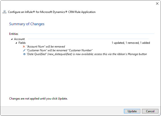 Summary of Changes dialog showing Account Num removed, Customer Num renamed to Customer Number, and Date Qualified added