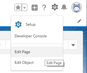 Entity page settings gear menu with Setup, Developer Console, Edit Page, and Edit Object options, Edit Page highlighted