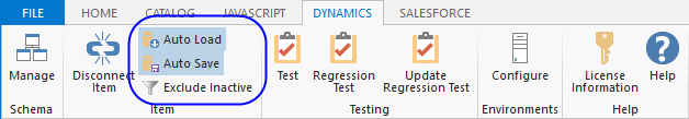 irAuthor DYNAMICS ribbon tab with the Auto Load, Auto Save, and Exclude Inactive buttons highlighted