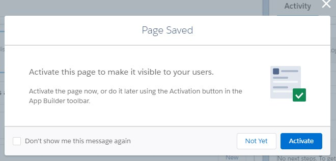 Page Saved dialog prompting to activate the page, with Not Yet and Activate buttons