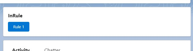 Page layout preview showing the InRule component with a single button titled Rule 1