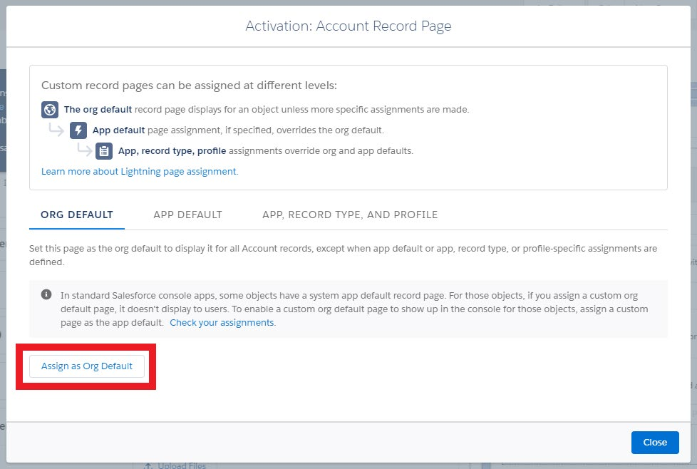 Activation: Account Record Page dialog with Org Default, App Default, and App Record Type and Profile tabs, and Assign as Org Default button highlighted