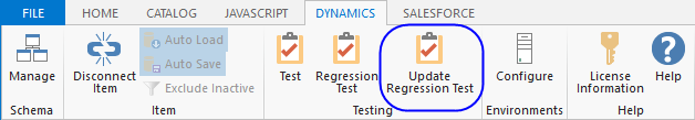 irAuthor DYNAMICS ribbon tab with the Update Regression Test button highlighted