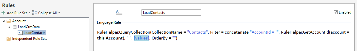 Rules tree showing the LoadContacts language rule calling RuleHelper.QueryCollection with CollectionName, Filter, and OrderBy parameters