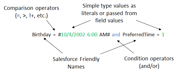 Annotated filter expression diagram: Birthday = #10/4/2002 6:00 AM# and PreferredTime = 1, labeling comparison operators, simple type values, Salesforce friendly names, and condition operators