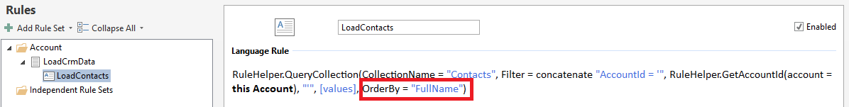 Rules tree showing the LoadContacts rule with OrderBy = "FullName" highlighted