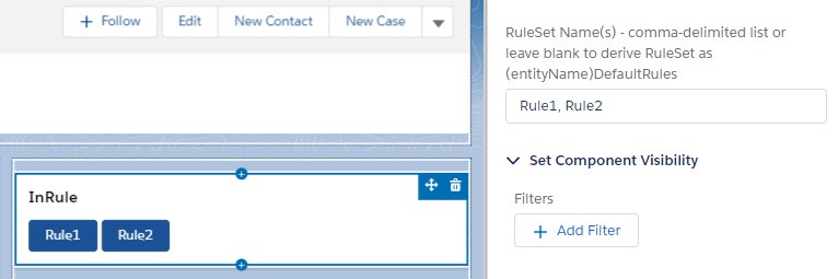Page layout preview showing the InRule component with the RuleSet Name(s) field set to Rule1, Rule2 and two buttons titled Rule1 and Rule2