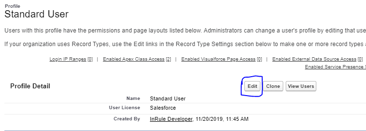 Standard User Profile Detail page with the Edit button circled