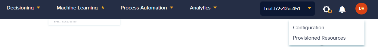 InRule SaaS portal top navigation with the cogwheel icon menu open showing Configuration and Provisioned Resources options