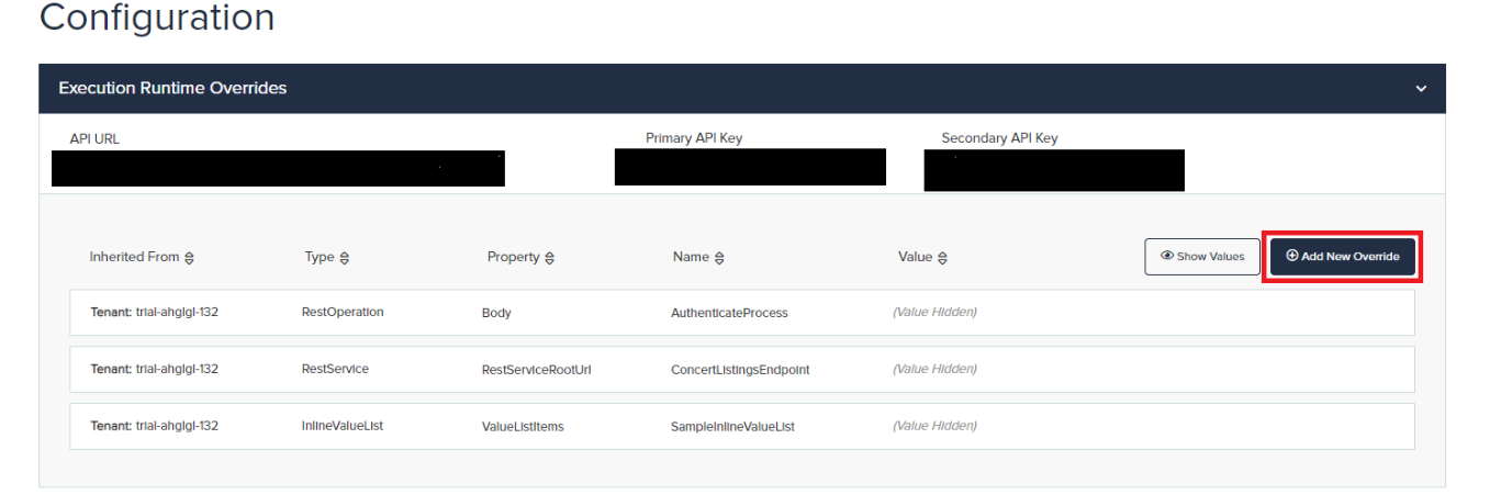 Execution Runtime Overrides section expanded, listing existing overrides with an Add New Override button highlighted