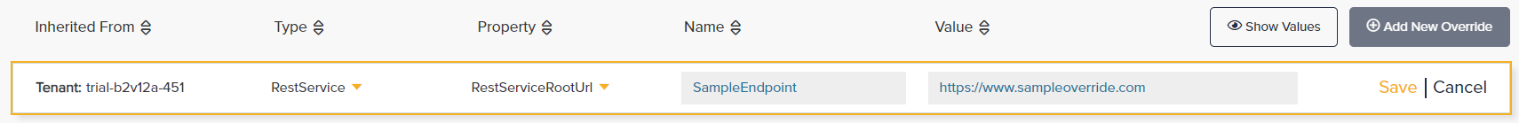 Configured override row using RestService type, RestServiceRootUrl property, Name SampleEndpoint, and Value set to a sample URL
