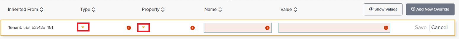 New override row with the Type and Property drop-down arrows highlighted