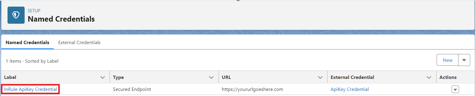 Named Credentials list showing the InRule ApiKey Credential row with type Secured Endpoint and External Credential ApiKey Credential