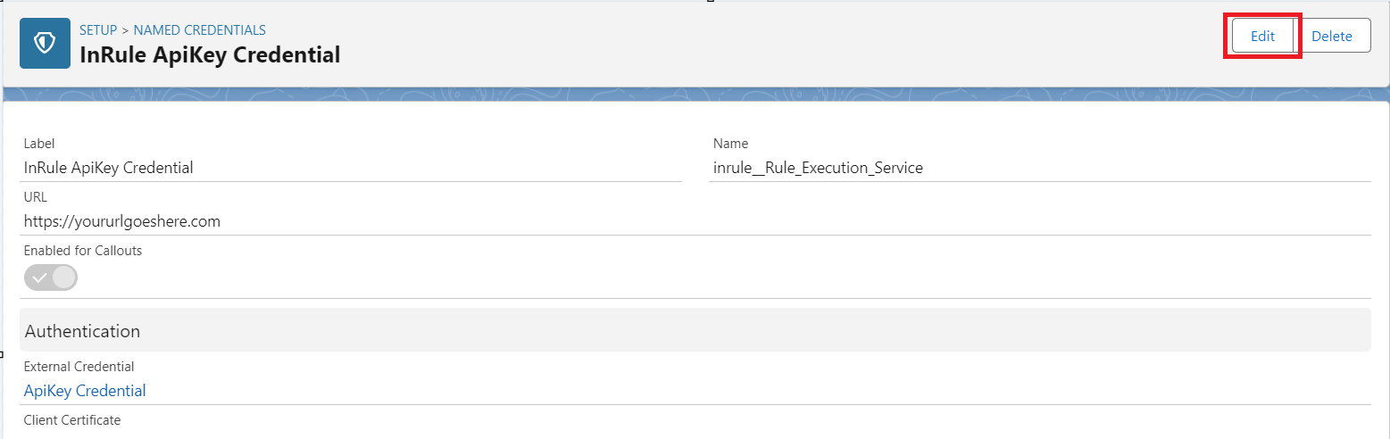 InRule ApiKey Credential detail page with the Edit button highlighted