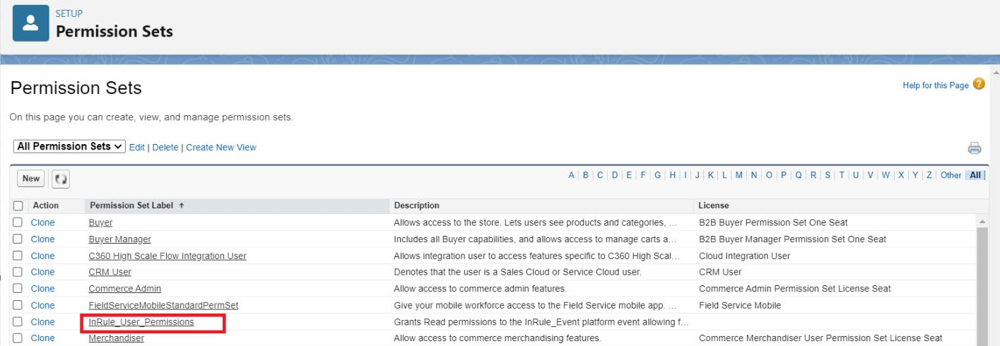 Permission Sets list with the InRule_User_Permissions row highlighted
