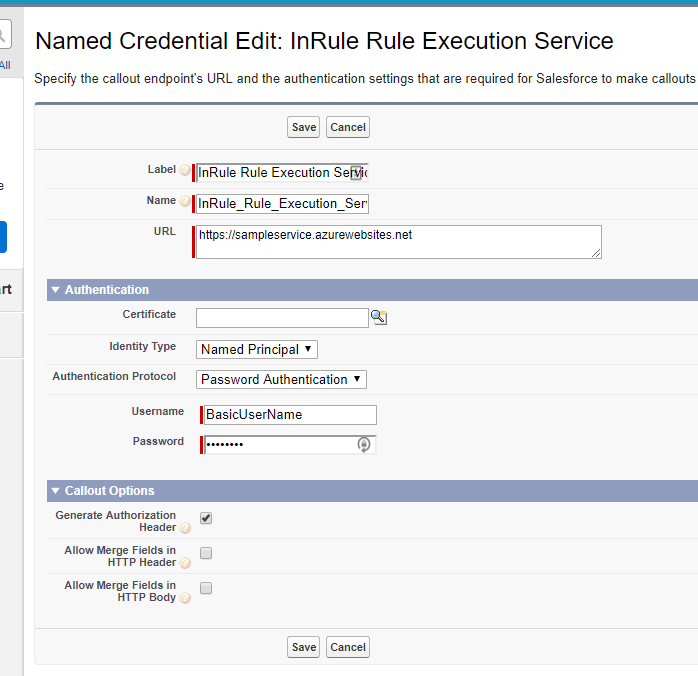 Named Credential Edit form for InRule Rule Execution Service, with Label, Name, URL, Authentication, and Callout Options sections