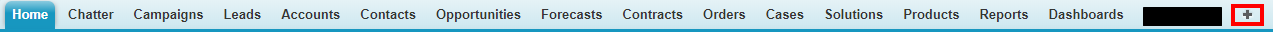 Salesforce classic navigation bar with tabs and a "+" icon highlighted at the end