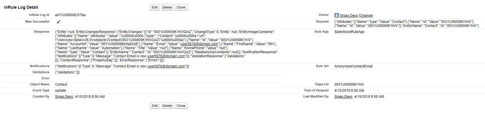 InRule Log Detail record showing Was Successful, Response, Notifications, Validations, Error, Object Name, Event Type, Request, Rule App, Rule Set, Object Id, and Time of Request fields
