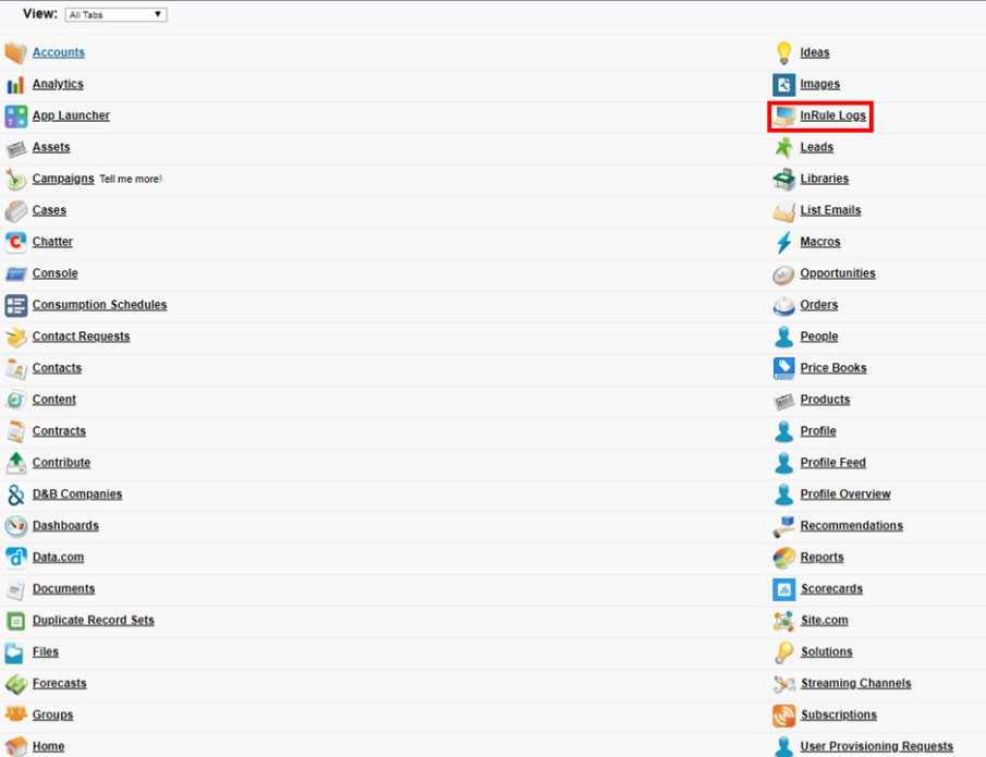 All Tabs list of objects with InRule Logs highlighted